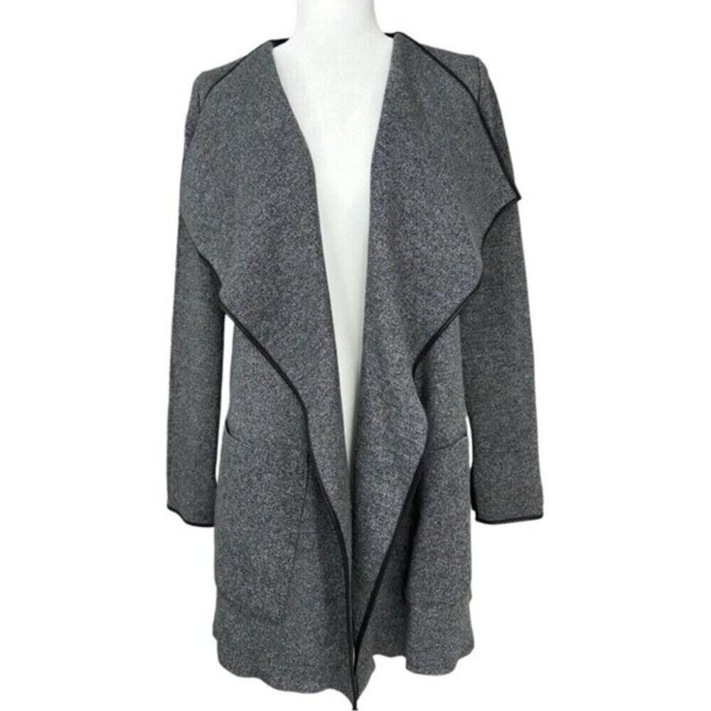 Zara Knit Women Small Grey Waterfall Open Front Cardigan Black Faux Leather Trim